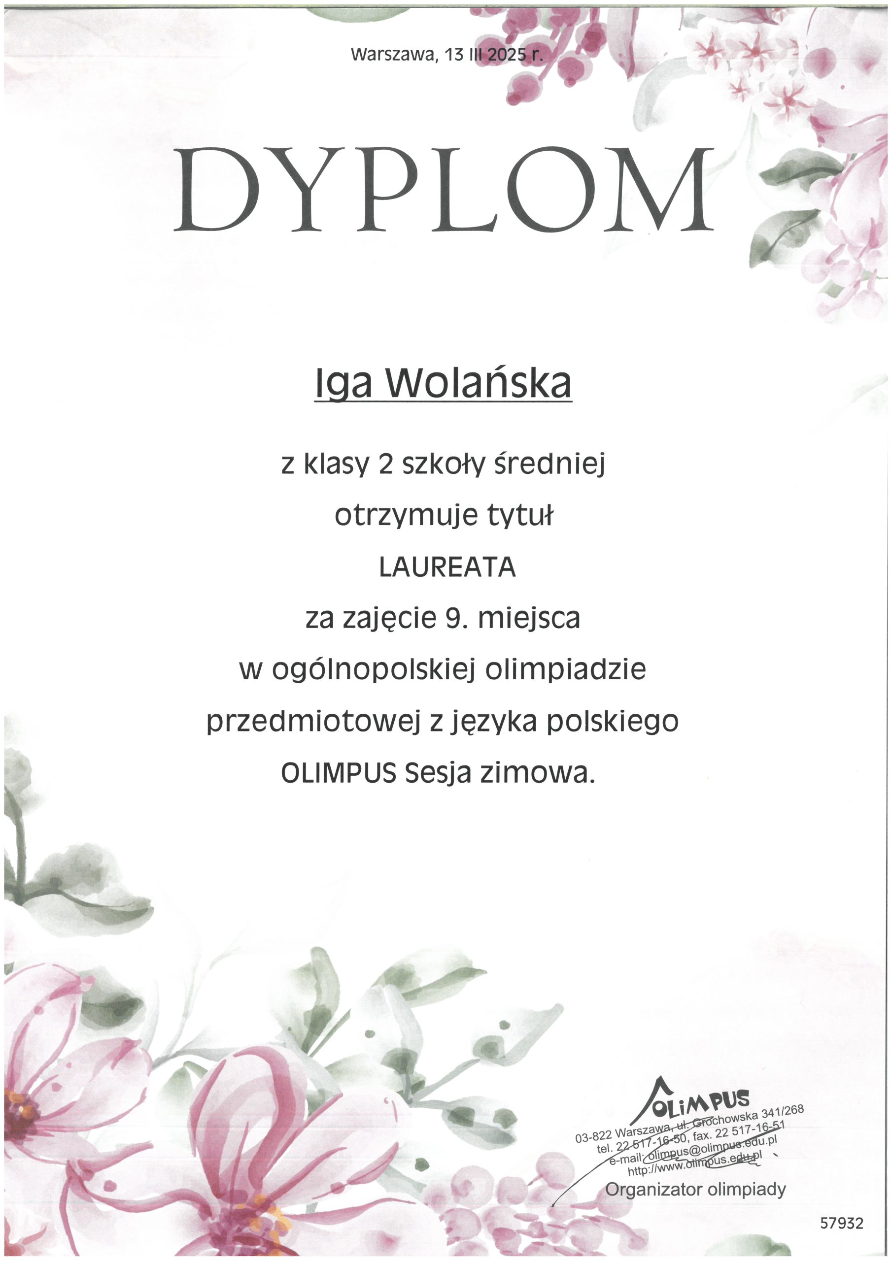 Iga Wolańska - laureat - olimpiada przedmiotowa Olimpus - język polski