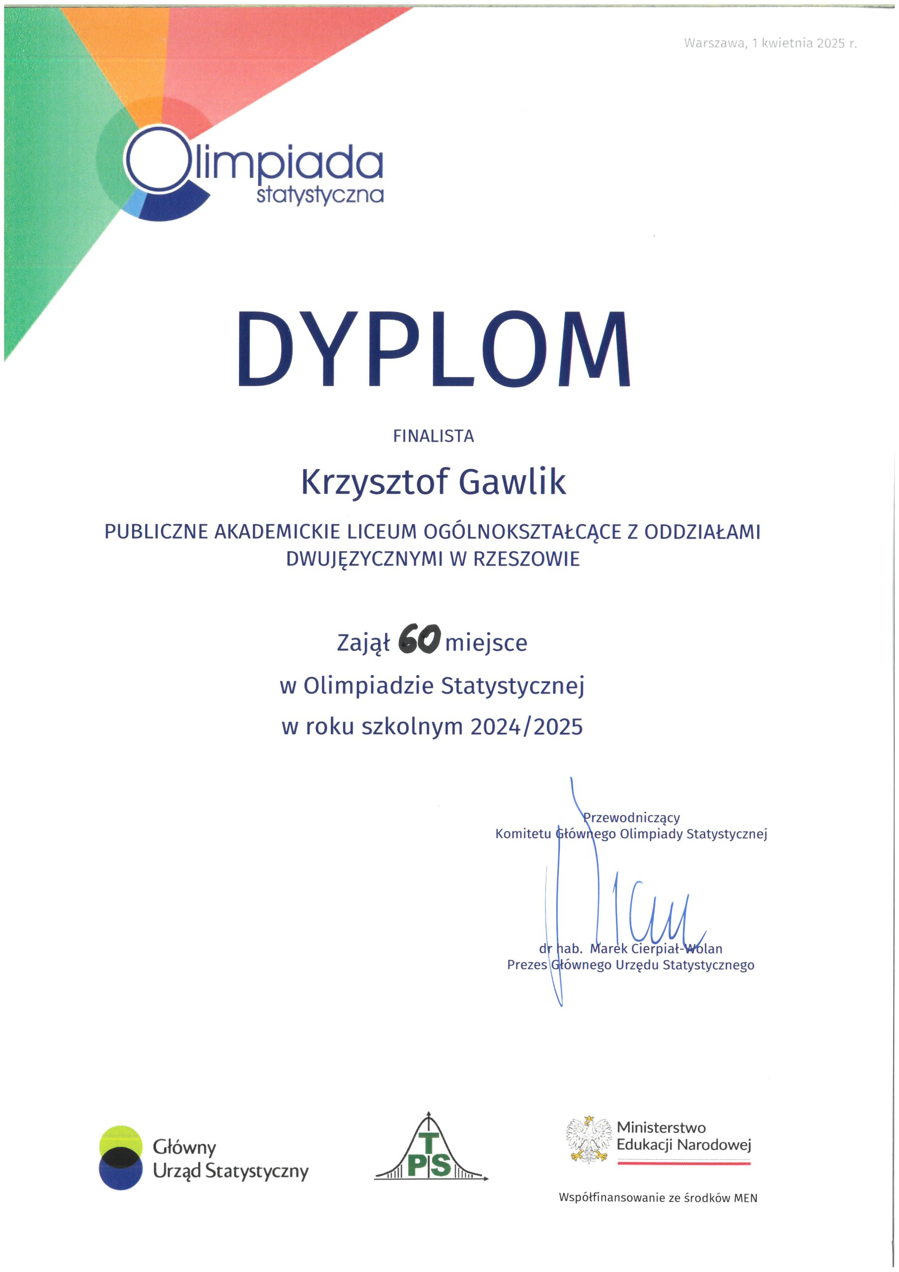 Krzysztof Gawlik - finalista - Olimpiada Statystyczna