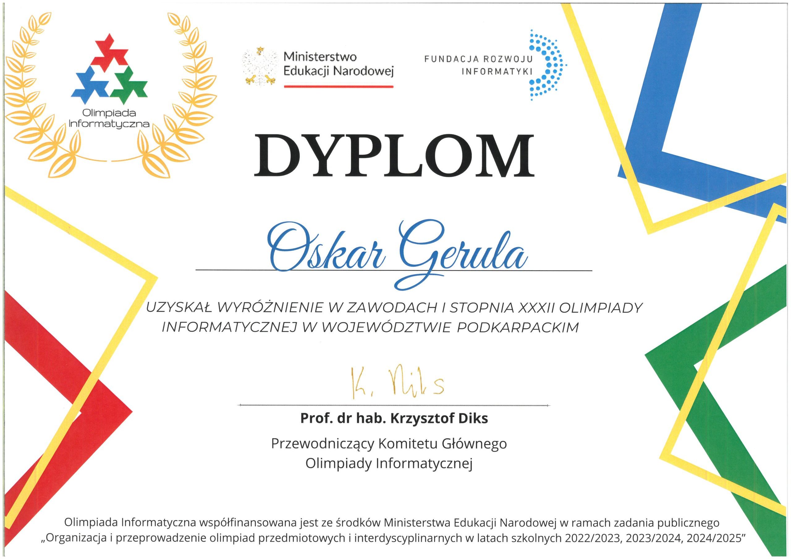 Oskar Gerula - wyróżnienie - Olimpiada Informatyczna