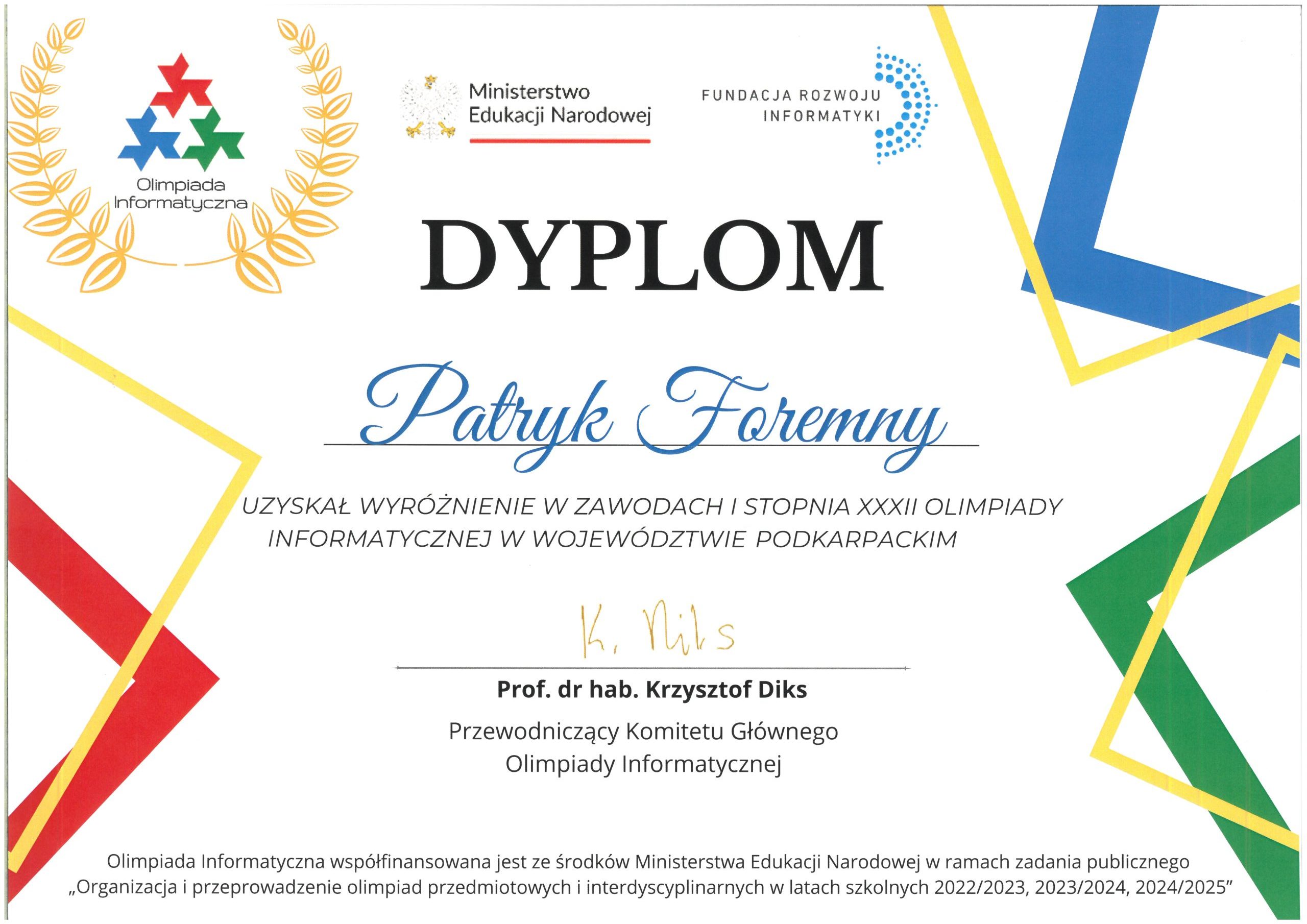 Patryk Foremny - wyróżnienie - Olimpiada Informatyczna