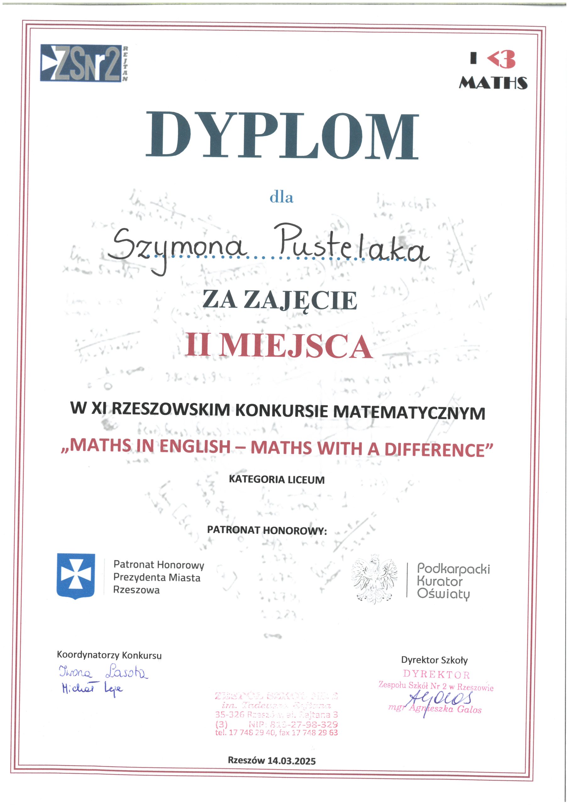 Szymon Pustelak - II miejsce - Maths in English - Maths with a difference