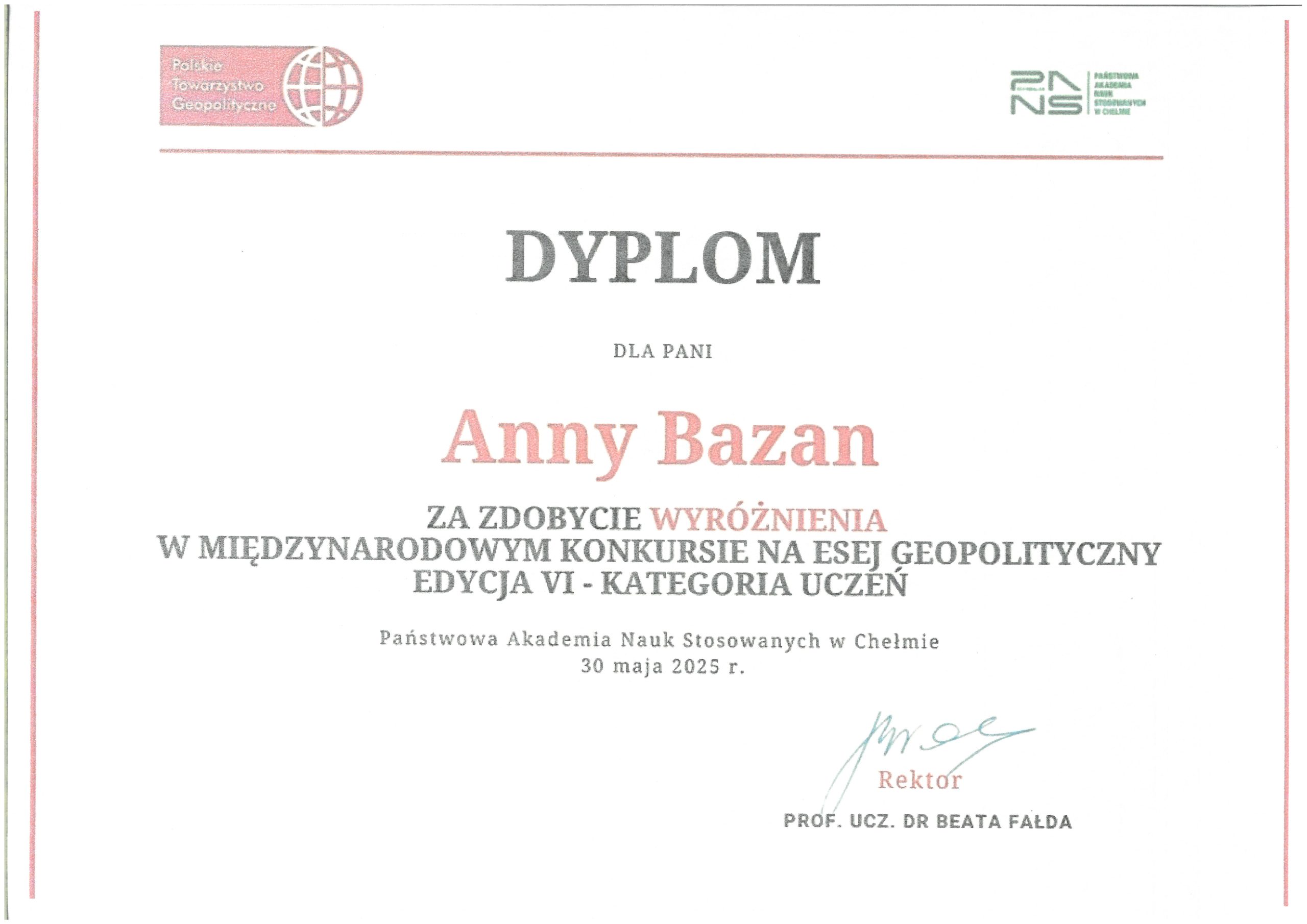 Anna Bazan - wyróżnienie w Międzynarodowym Konkursie Na Esej Geopolityczny