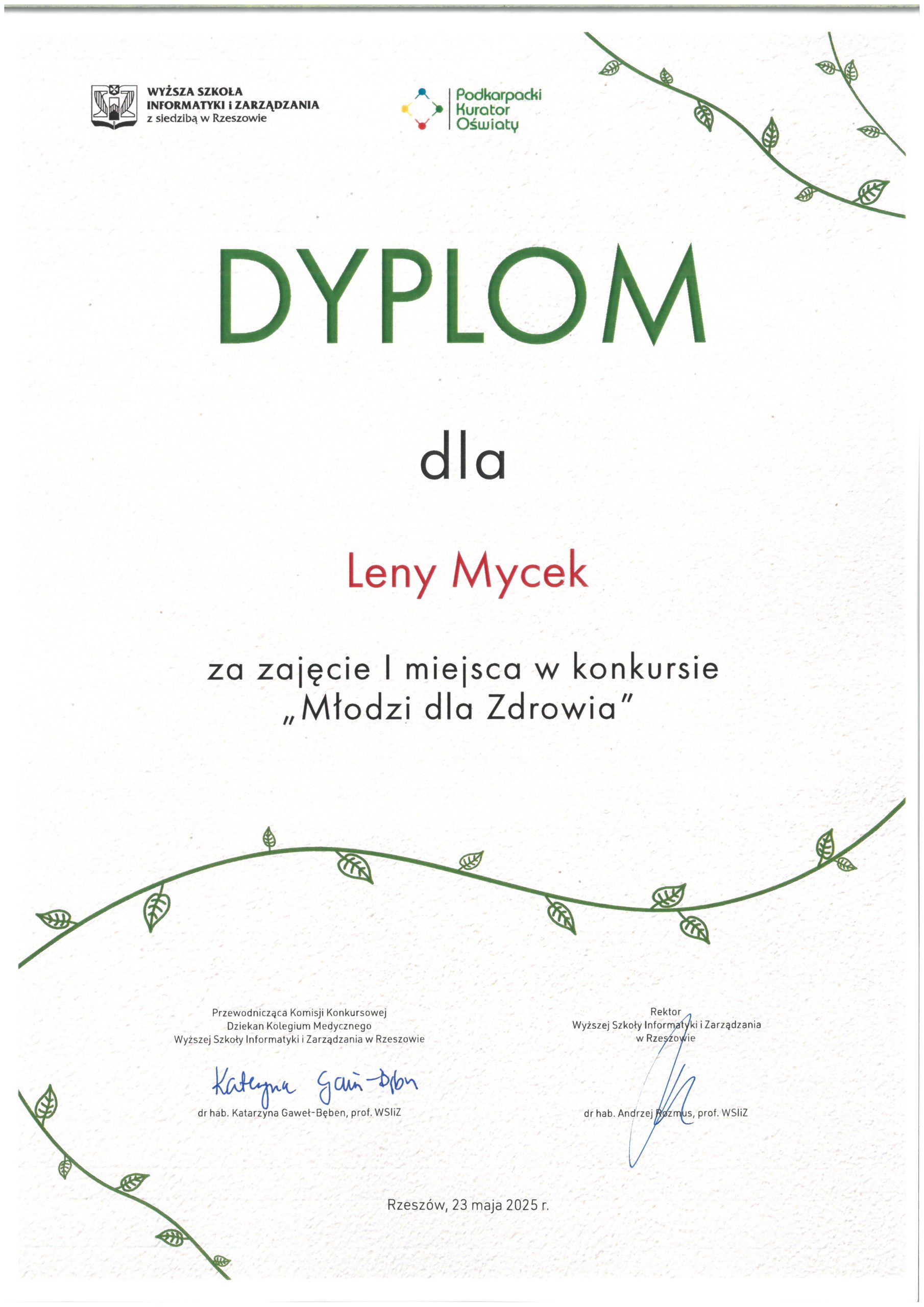 Lena Mycek - I miejsce w konkursie 'Młodzi dla zdrowia' Wyższej Szkoły Informatyki i Zarządzania w Rzeszowie