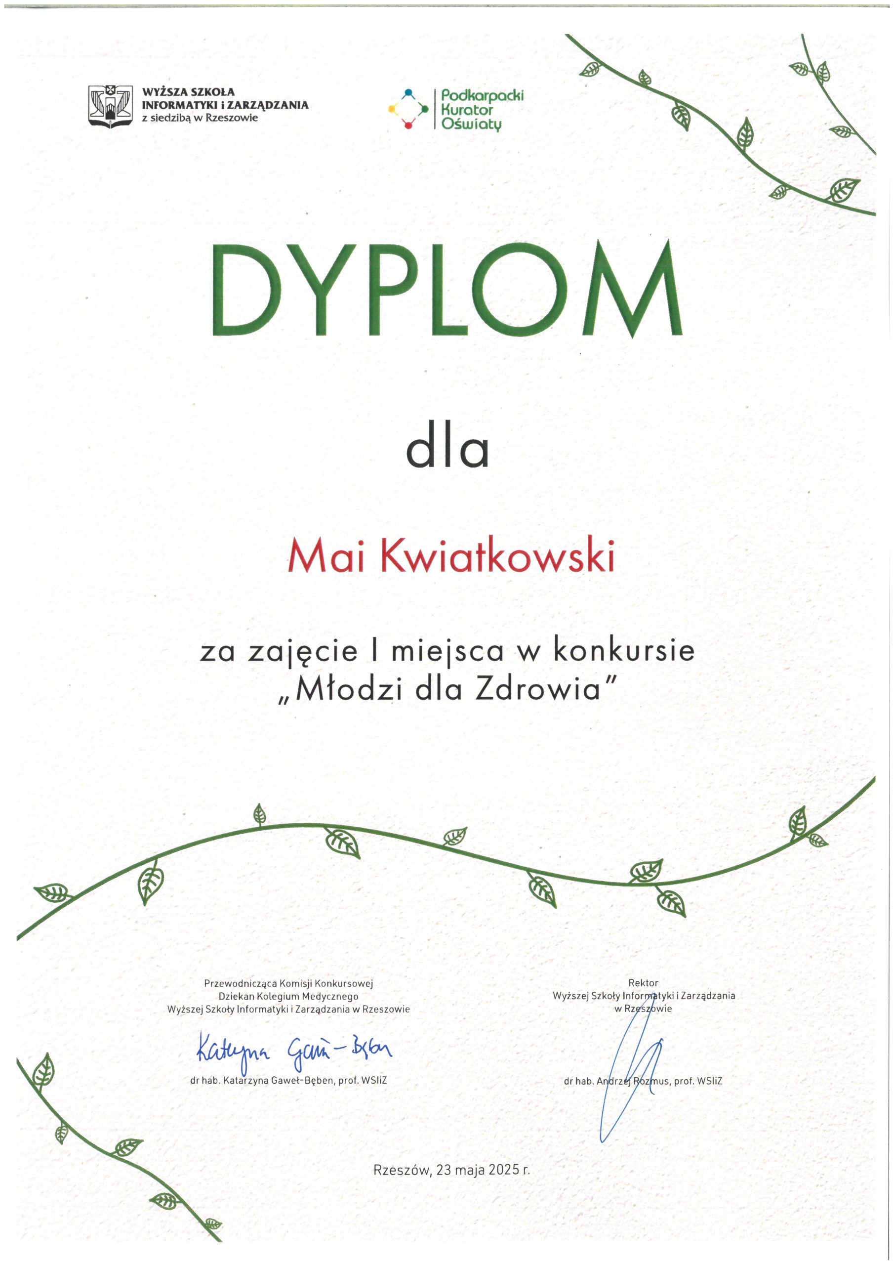 Maja Kwiatkowski - I miejsce w konkursie 'Młodzi dla zdrowia' Wyższej Szkoły Informatyki i Zarządzania w Rzeszowie