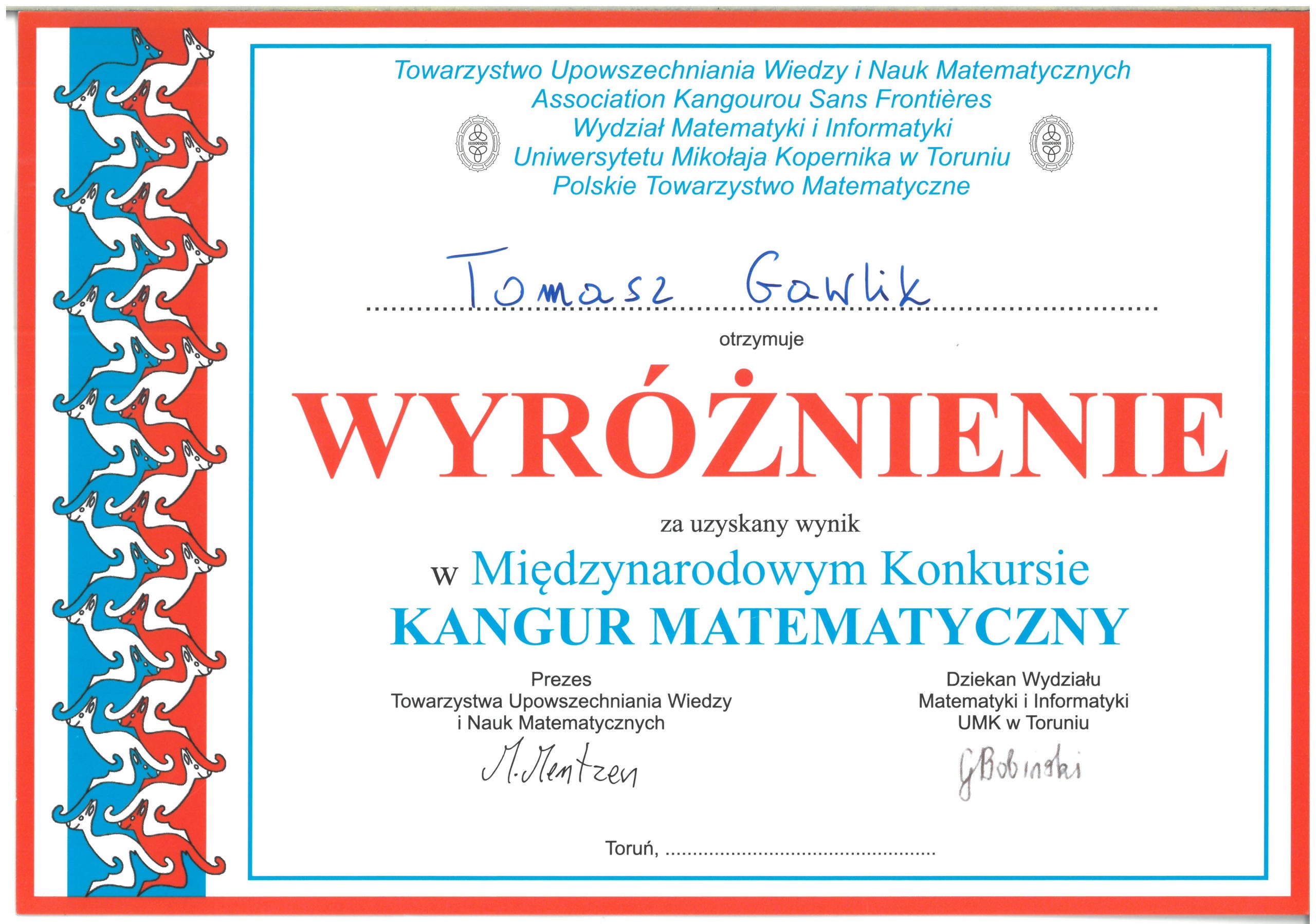 Tomasz Gawlik - wyróżnienie w Międzynarodowym Konkursie Kangur Matematyczny